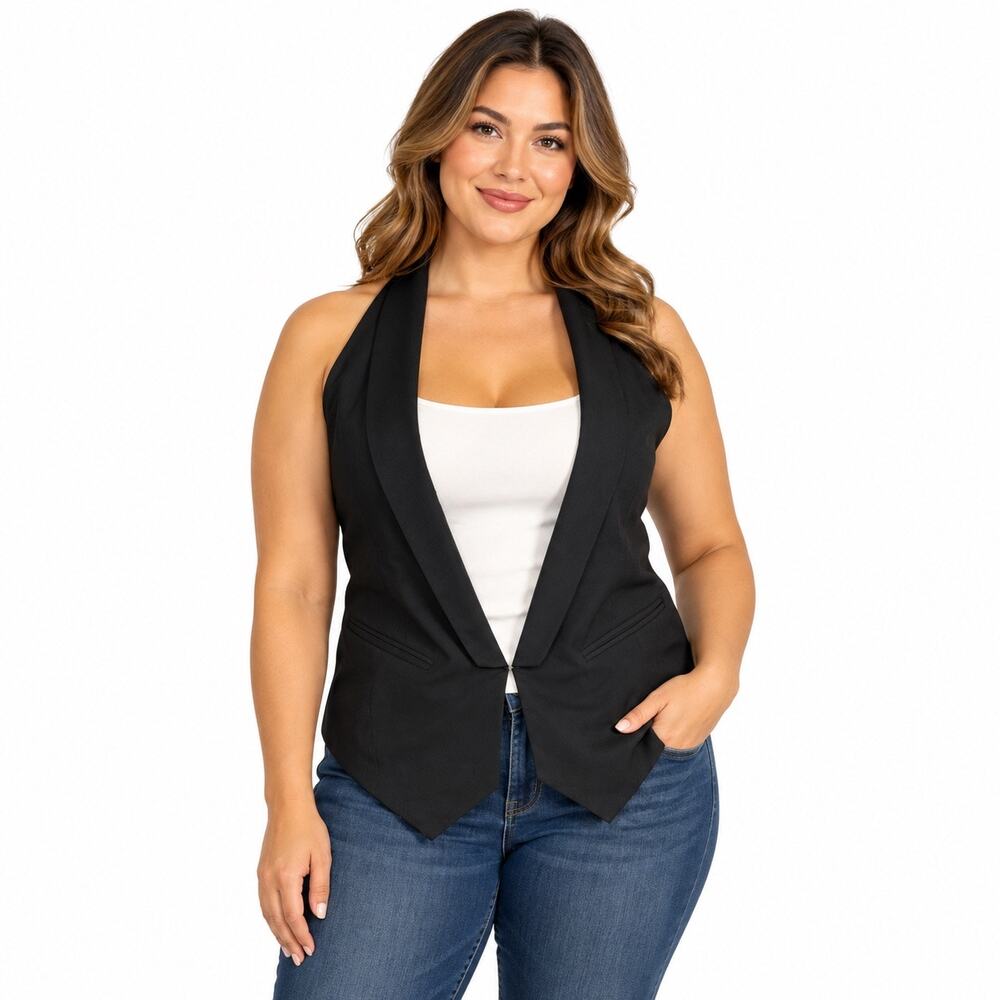 Apostrophe Womens Suit Vest Sleeveless Deep V Neck Satin Back Pockets Black Y2K